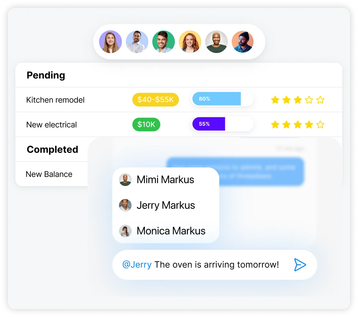 A project board with budgets and progress, and a teammate being @mentioned about a delivery