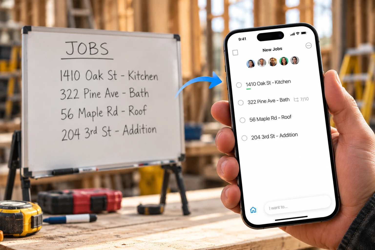 A whiteboard list of jobs next to the same jobs organized in the Any.do mobile app